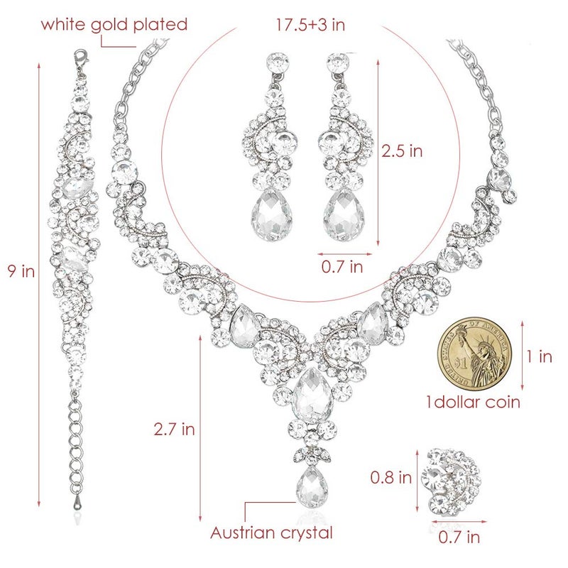CSY 4 Pcs/Sets Elegant Crystal Necklace Earrings Bracelet Ring Bridal Wedding Costume Jewelry Sets for Brides Women Gifts (White Gold Plated-White) - Image 2